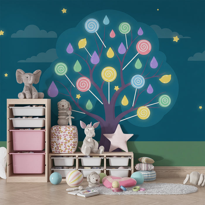 Kids' Room Wallpaper | Magical Candy Tree Under a Starry Sky