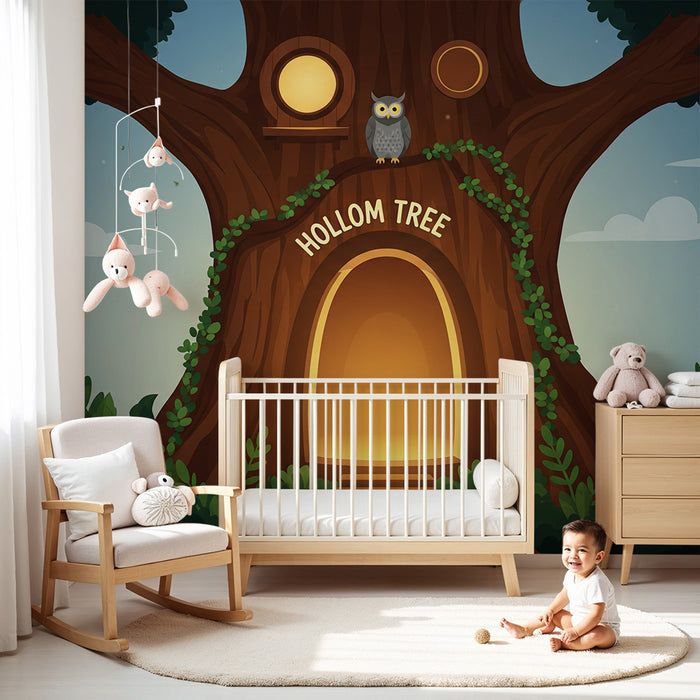 Behang kinderkamer | Magische boom met uil en verlichte ingang