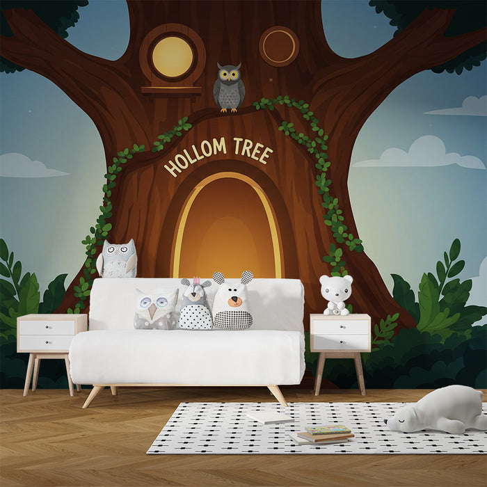 Behang kinderkamer | Magische boom met uil en verlichte ingang