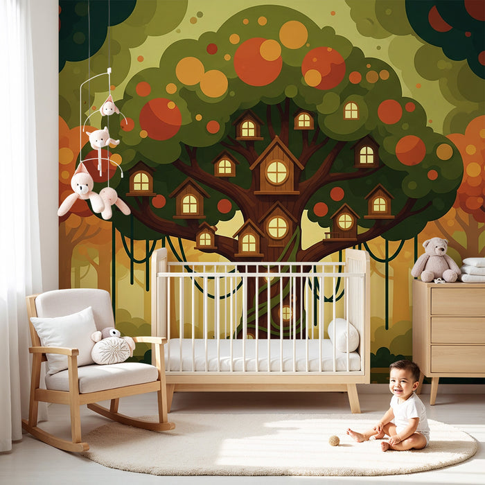 Behang kinderkamer | Magische boom met huisjes in de takken en kleurrijk bos