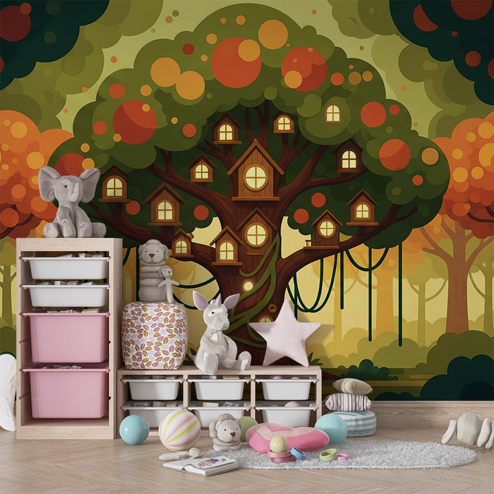 Behang kinderkamer | Magische boom met huisjes in de takken en kleurrijk bos