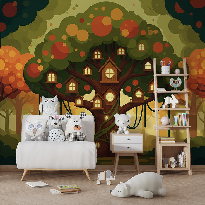 Behang kinderkamer | Magische boom met huisjes in de takken en kleurrijk bos