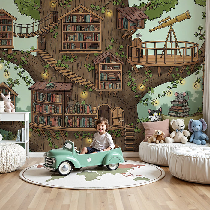 Papel pintado para habitación infantil | Árbol mágico con casas de libros y animales