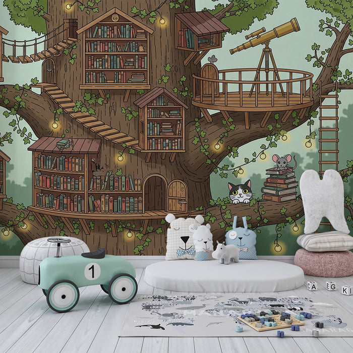 Papel pintado para habitación infantil | Árbol mágico con casas de libros y animales