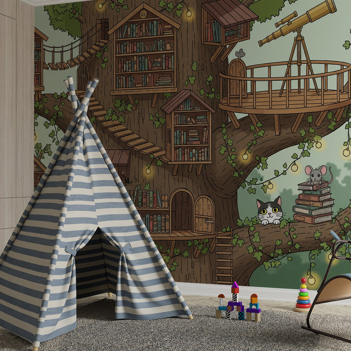 Papel pintado para habitación infantil | Árbol mágico con casas de libros y animales