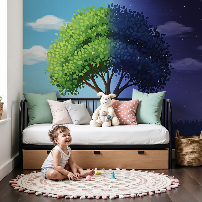 Kids' Room Wallpaper | Magical Day and Night Tree with Starry Sky