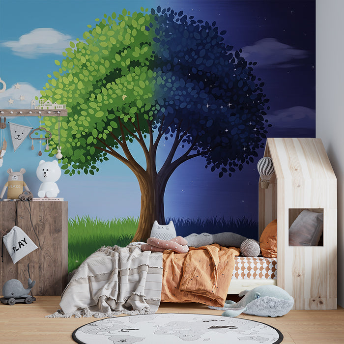 Kids' Room Wallpaper | Magical Day and Night Tree with Starry Sky