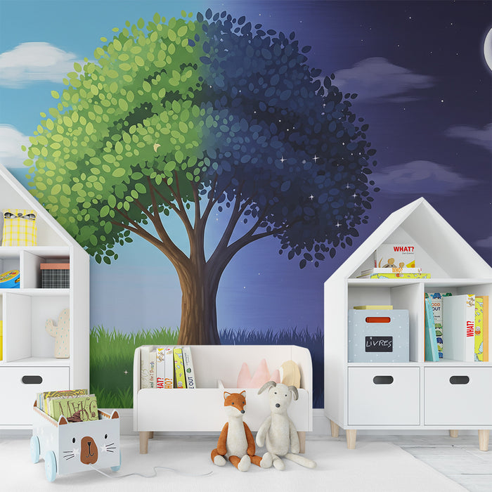 Kids' Room Wallpaper | Magical Day and Night Tree with Starry Sky