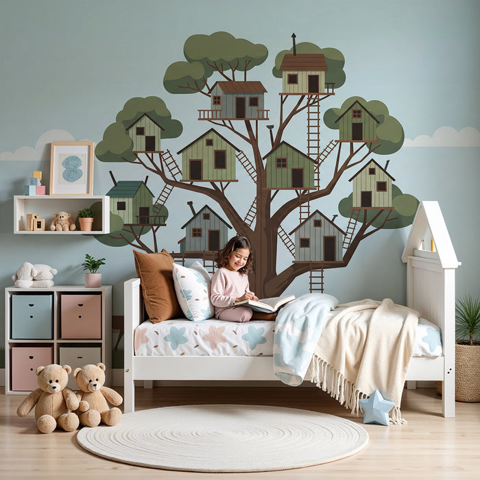 Children's room wallpaper | Majestic tree with houses in the branches