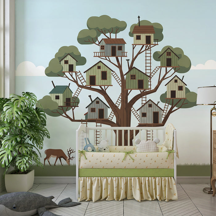 Children's room wallpaper | Majestic tree with houses in the branches