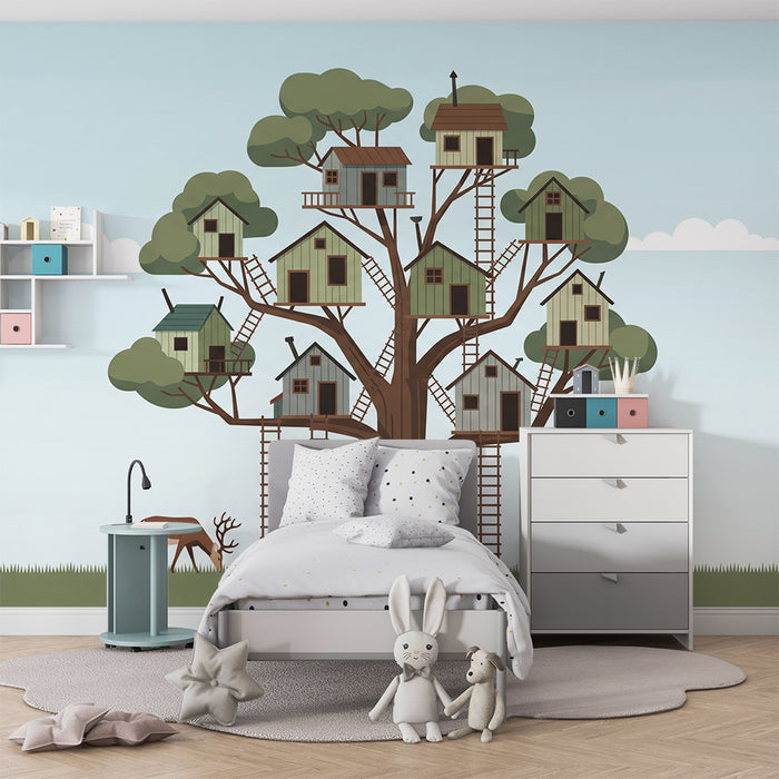 Children's room wallpaper | Majestic tree with houses in the branches