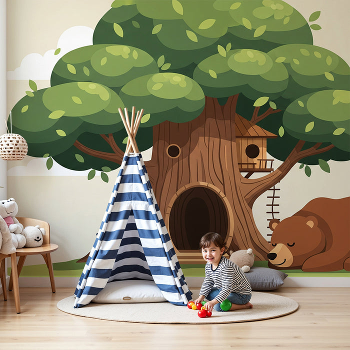 Children's Room Wallpaper | Majestic Tree with Sleeping Bear Cub and Treehouse in the Branches