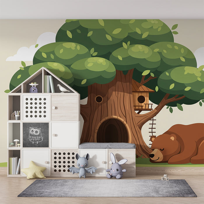 Children's Room Wallpaper | Majestic Tree with Sleeping Bear Cub and Treehouse in the Branches
