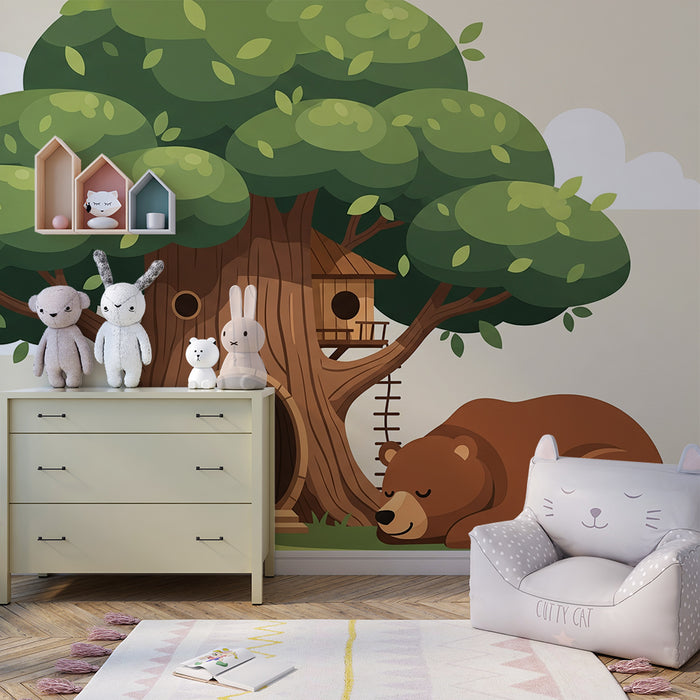 Children's Room Wallpaper | Majestic Tree with Sleeping Bear Cub and Treehouse in the Branches
