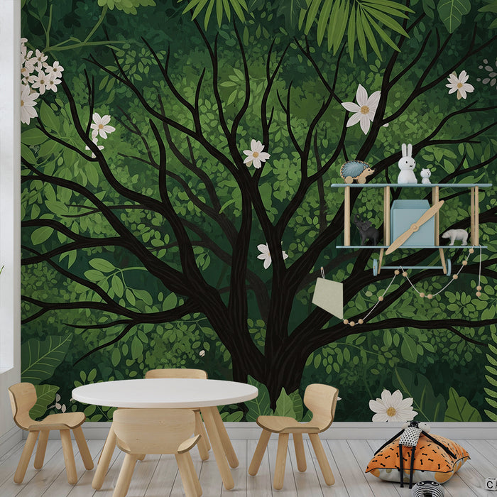 Papel pintado habitación infantil | Árbol majestuoso rodeado de follaje frondoso y flores blancas