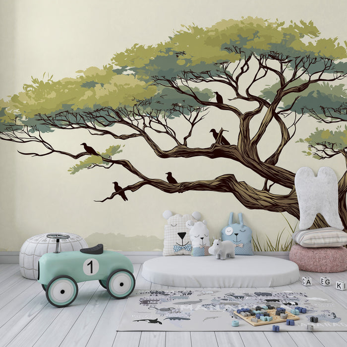 Kids room wallpaper | Majestic tree and birds