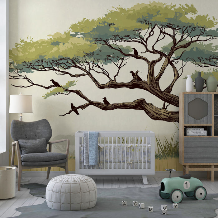 Kids room wallpaper | Majestic tree and birds