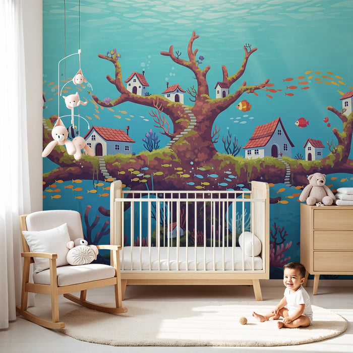 Kids' Room Wallpaper | Underwater Tree with Colorful Houses and Fish