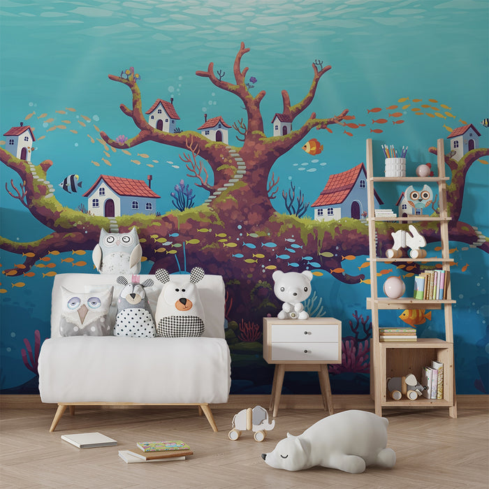Kids' Room Wallpaper | Underwater Tree with Colorful Houses and Fish