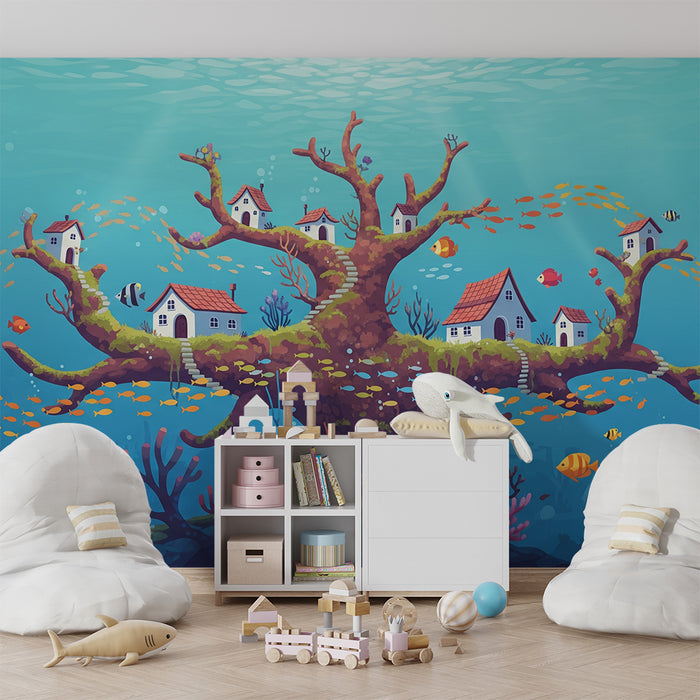 Kids' Room Wallpaper | Underwater Tree with Colorful Houses and Fish