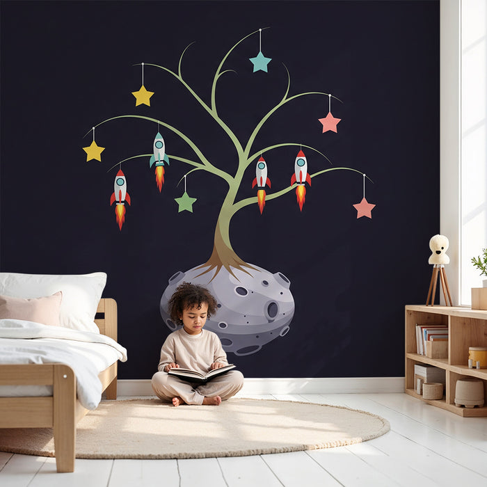 Behang kinderkamer | Kleurrijke ruimteboom met raketten en sterren
