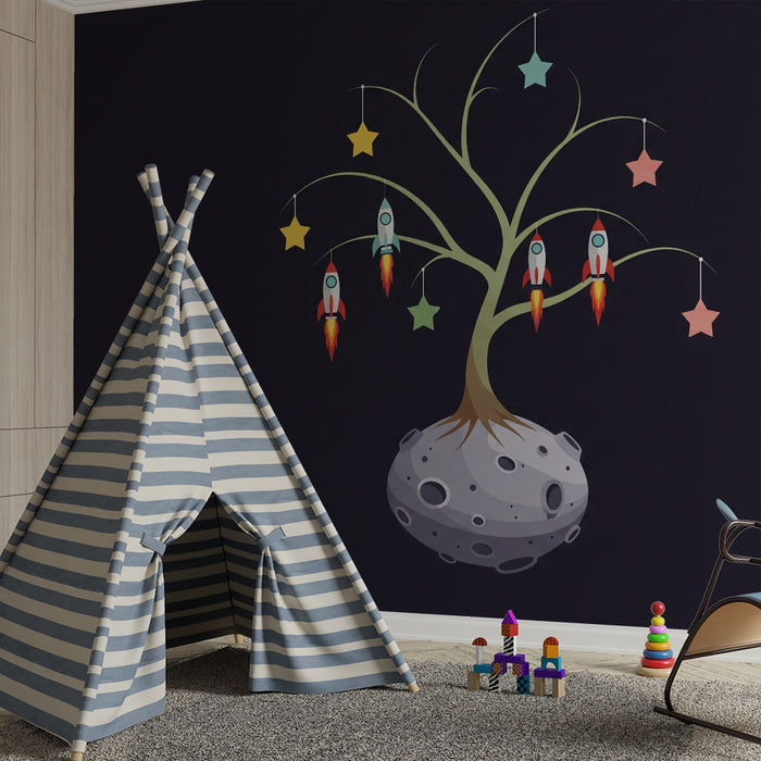 Behang kinderkamer | Kleurrijke ruimteboom met raketten en sterren