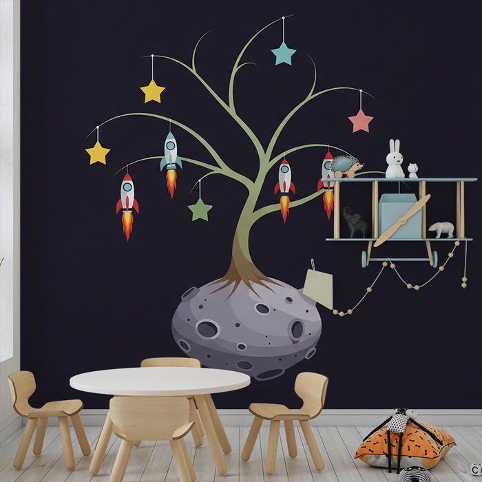 Behang kinderkamer | Kleurrijke ruimteboom met raketten en sterren