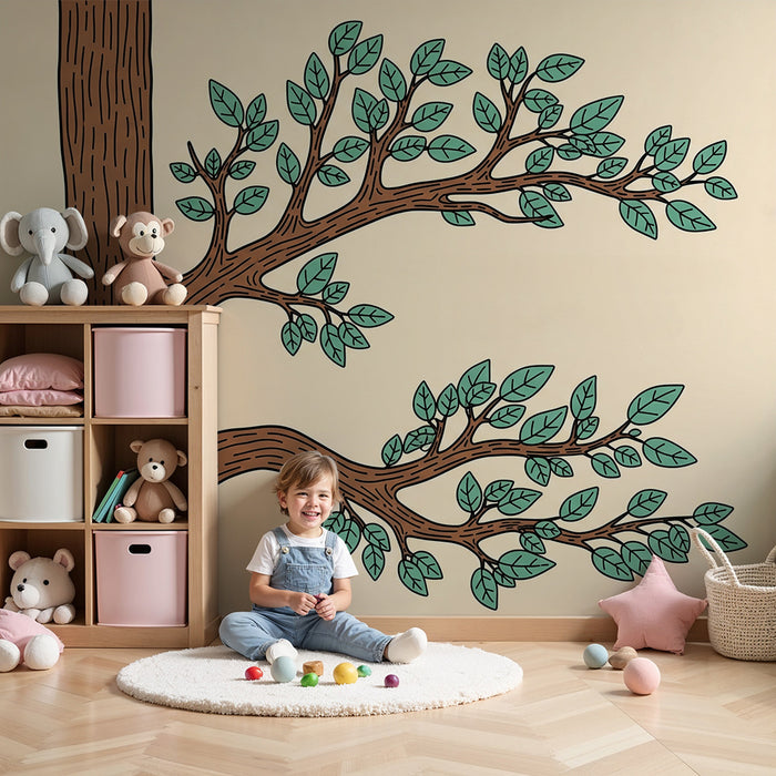 Kids' Room Wallpaper | Stylized Tree with Green Foliage on Beige Background