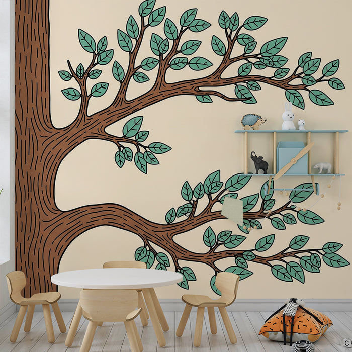 Kids' Room Wallpaper | Stylized Tree with Green Foliage on Beige Background