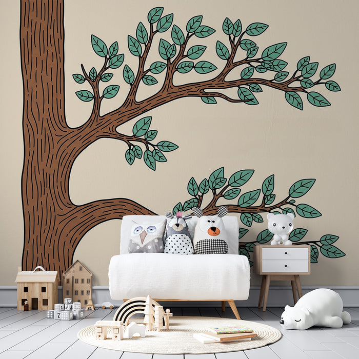 Kids' Room Wallpaper | Stylized Tree with Green Foliage on Beige Background