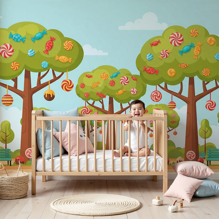 Papel pintado infantil | Árboles de caramelos en un parque soleado