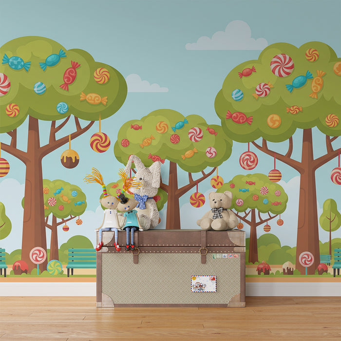 Papel pintado infantil | Árboles de caramelos en un parque soleado