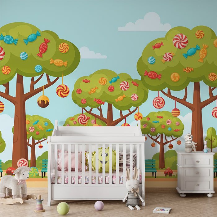 Papel pintado infantil | Árboles de caramelos en un parque soleado