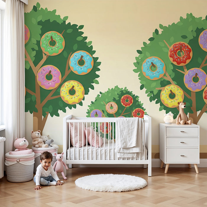Behang kinderkamer | Vrolijk landschap met kleurrijke donutbomen