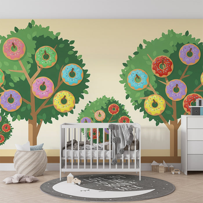 Behang kinderkamer | Vrolijk landschap met kleurrijke donutbomen