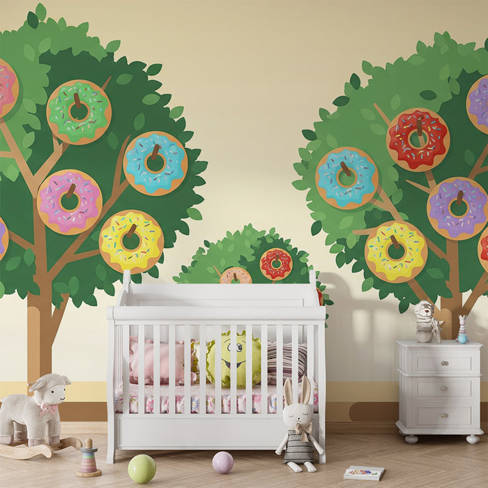 Behang kinderkamer | Vrolijk landschap met kleurrijke donutbomen
