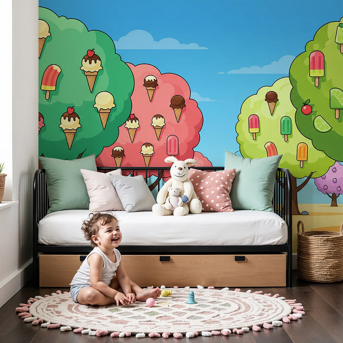 Kinderzimmer-Tapete | Bunte Eislolli-Bäume mit Eis am Stiel und Waffeln