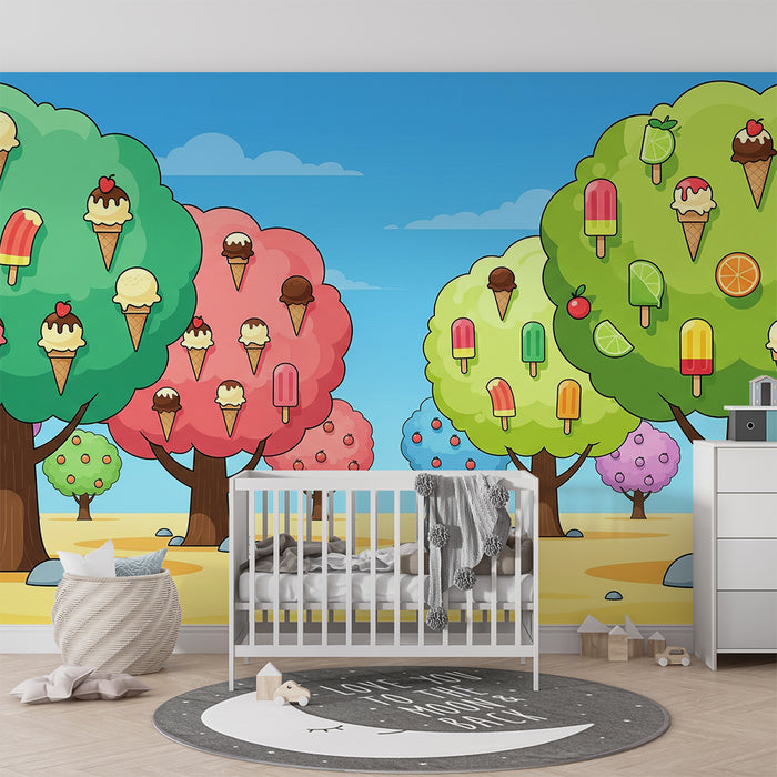 Kinderzimmer-Tapete | Bunte Eislolli-Bäume mit Eis am Stiel und Waffeln