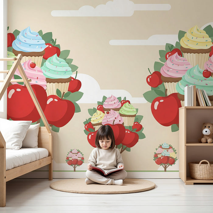 Behang kinderkamer | Kleurrijke appelbomen en cupcakes