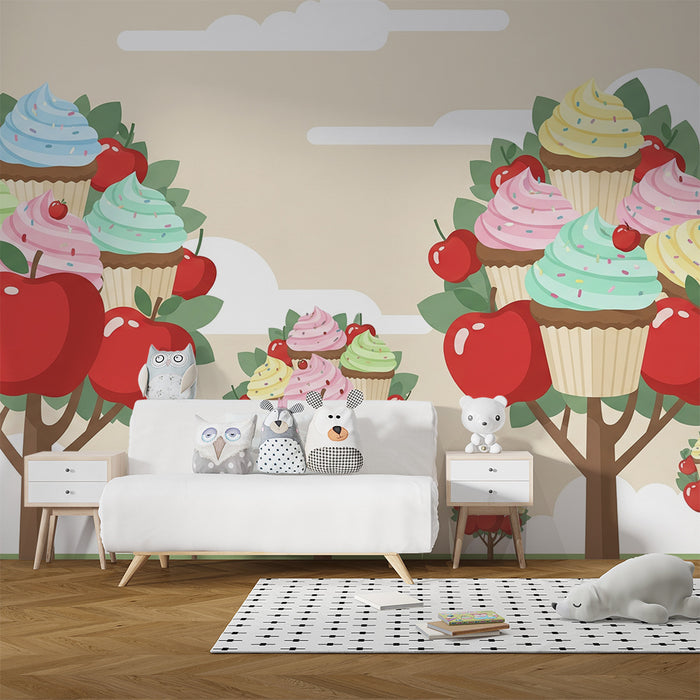 Behang kinderkamer | Kleurrijke appelbomen en cupcakes