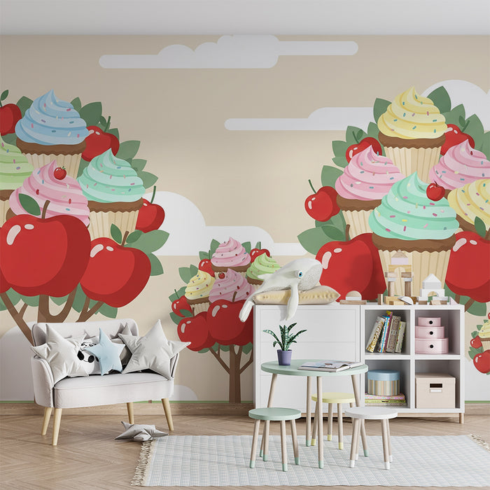 Behang kinderkamer | Kleurrijke appelbomen en cupcakes