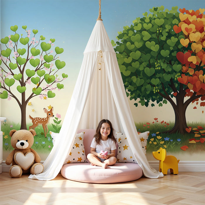 Kinderzimmer Tapete | Bäume mit herzförmigen Blättern und sanfte Fauna
