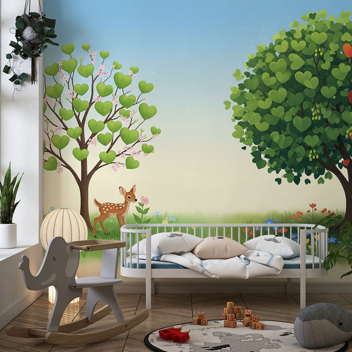 Kinderzimmer Tapete | Bäume mit herzförmigen Blättern und sanfte Fauna