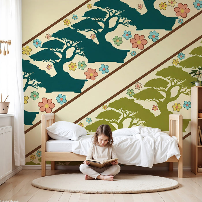 Kinderzimmer Tapete | Bunte Bonsai-Bäume und Blüten auf zartem Grund