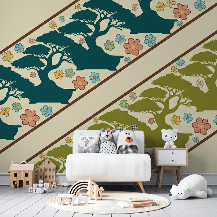 Kinderzimmer Tapete | Bunte Bonsai-Bäume und Blüten auf zartem Grund