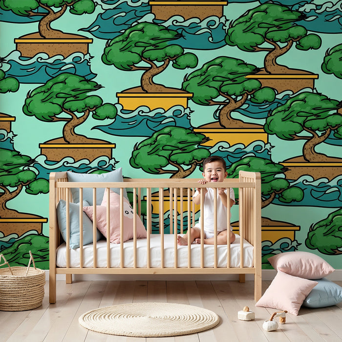 Behang kinderkamer | Drijvende bonsaibomen op rustgevende golven