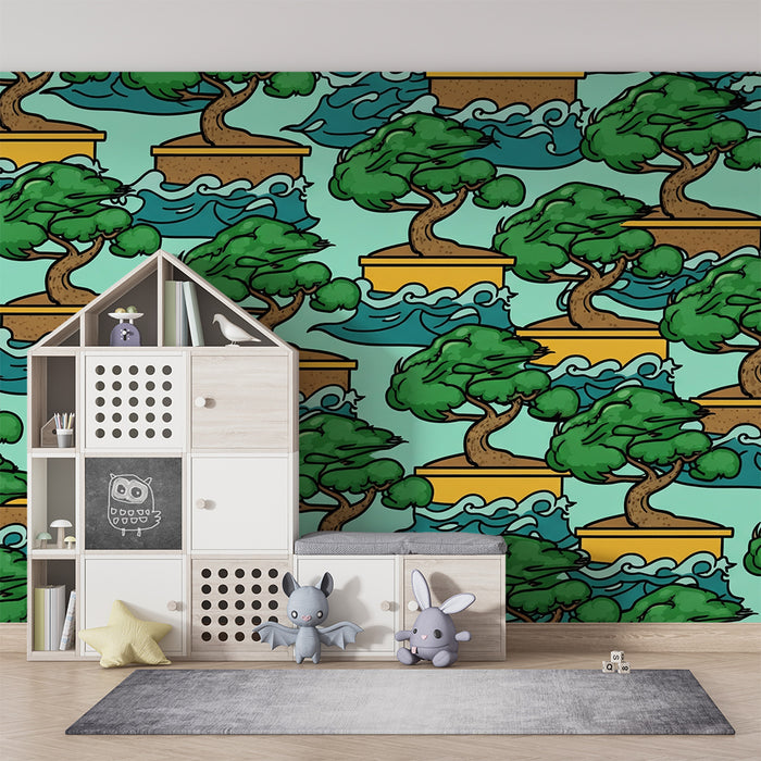 Behang kinderkamer | Drijvende bonsaibomen op rustgevende golven