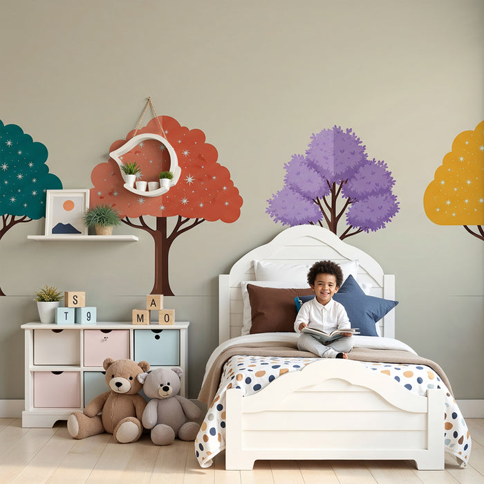 Papel pintado para habitación infantil | Árboles de colores con estrellas brillantes