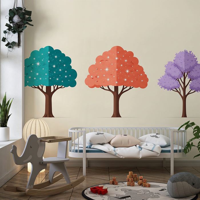 Papel pintado para habitación infantil | Árboles de colores con estrellas brillantes
