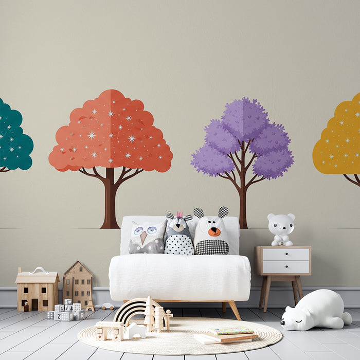 Papel pintado para habitación infantil | Árboles de colores con estrellas brillantes